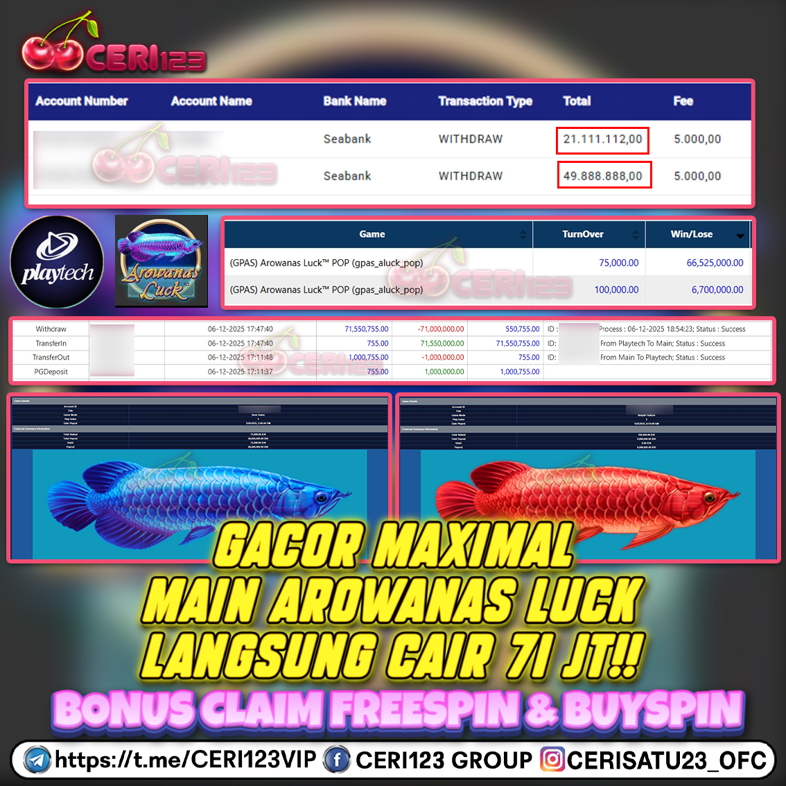 CERI123 JACKPOT SLOT AROWANAS LUCK RP 71.000.000 ID : LOK***