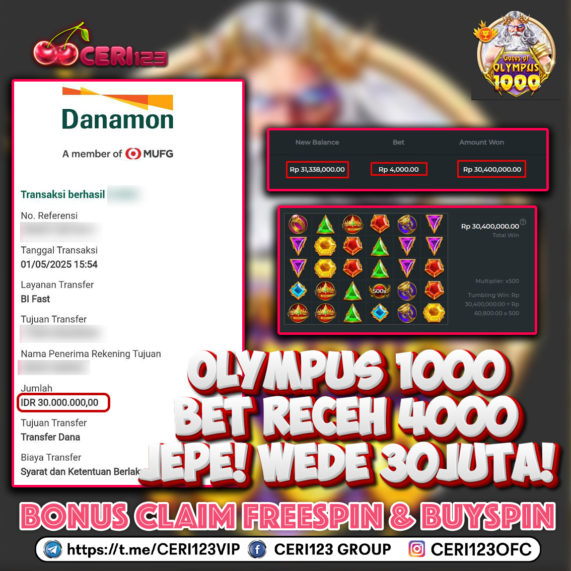 CERI123 JACKPOT SLOT GATES OF OLYMPUS 1000 RP 30.000.000 ID : LUS***