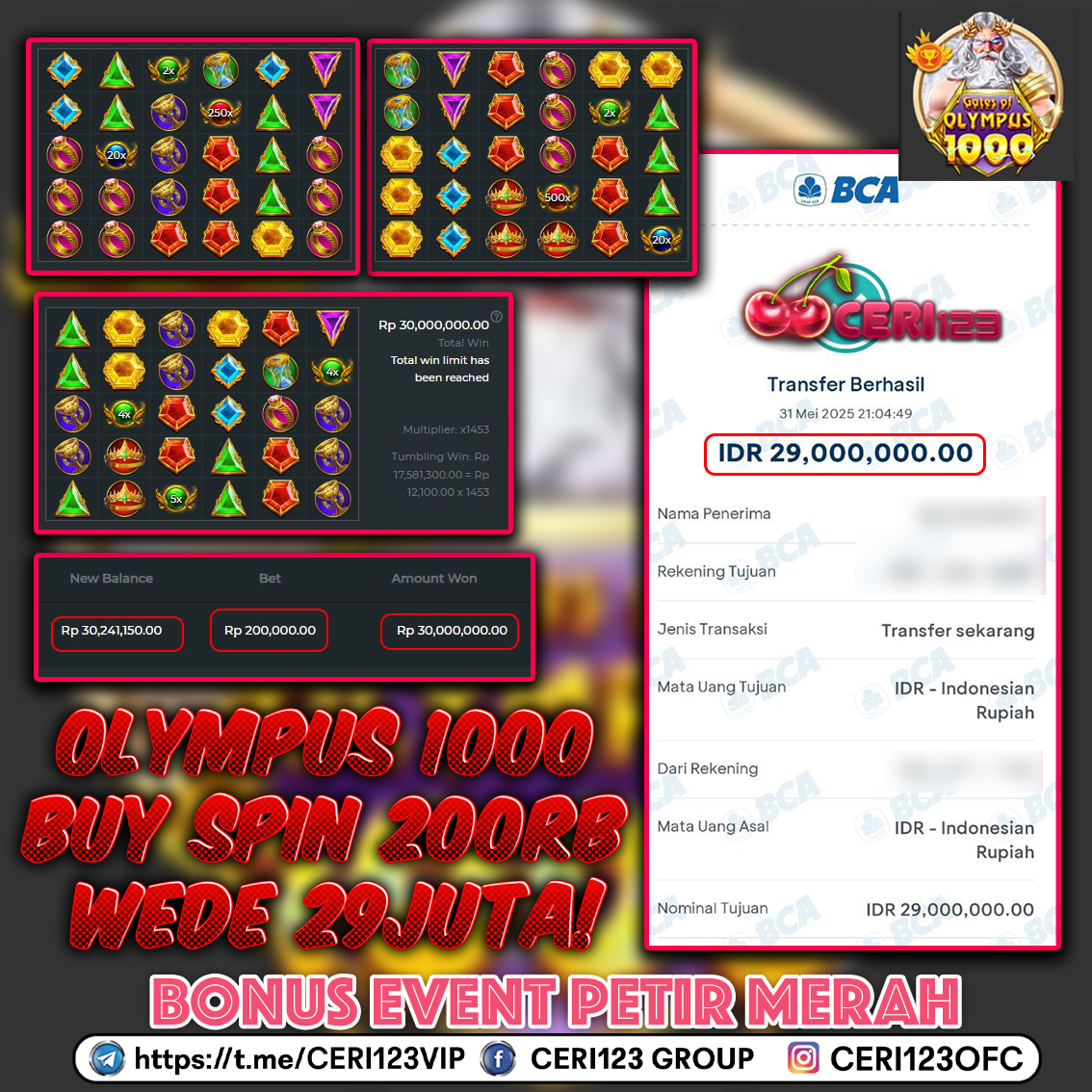 CERI123 JACKPOT SLOT GATES OF OLYMPUS 1000 RP 29.000.000 ID :BON***