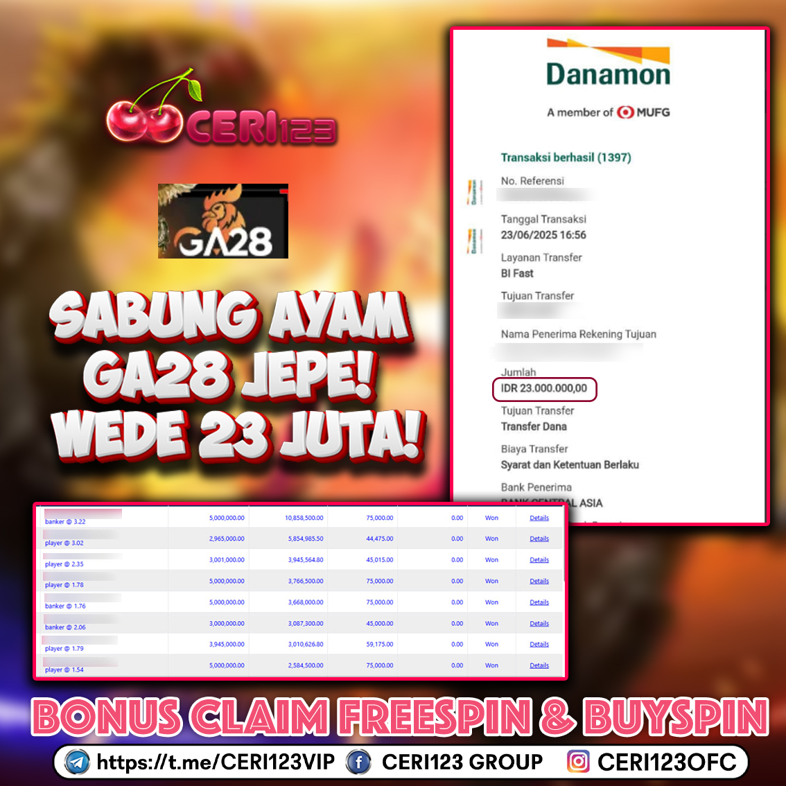 CERI123 JACKPOT SABUNG AYAM GA28 RP 23.000.000 ID : MOZ***
