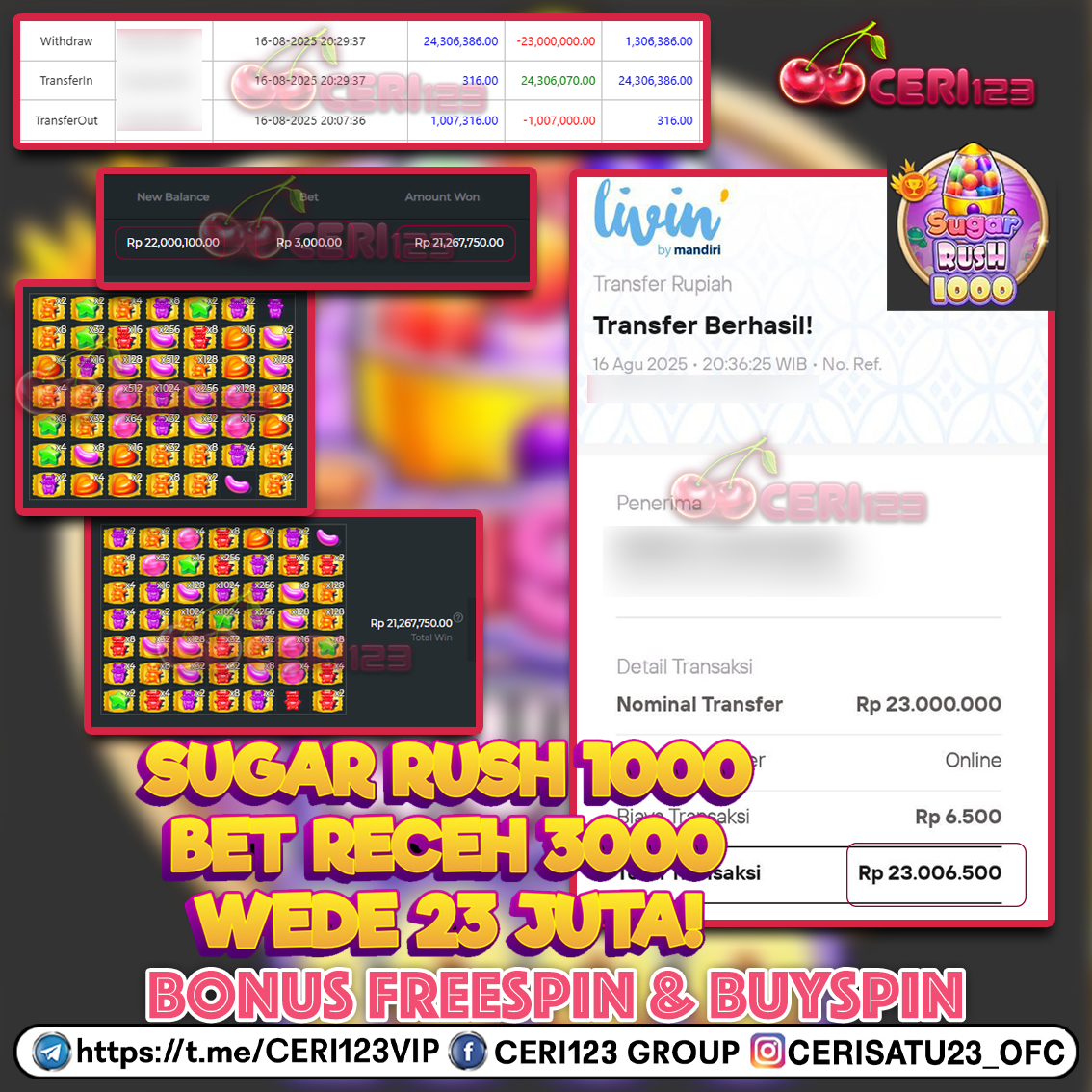 CERI123 JACKPOT  SLOT SUGAR RUSH 1000  RP 23.000.000 ID : SEM***