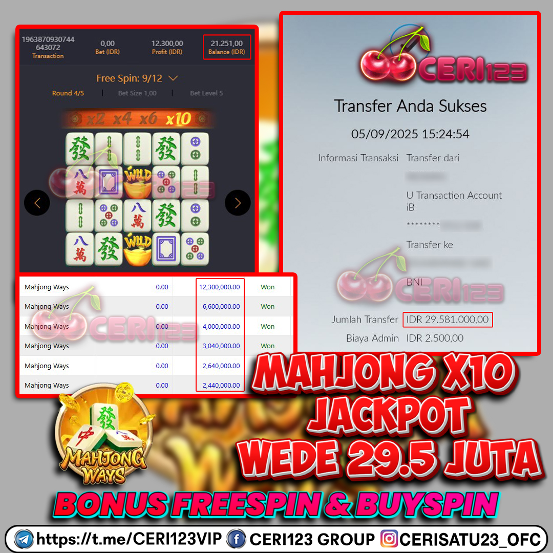 CERI123 JACKPOT SLOT MAHJONG WAYS  RP 29.581.000 ID : RIN***