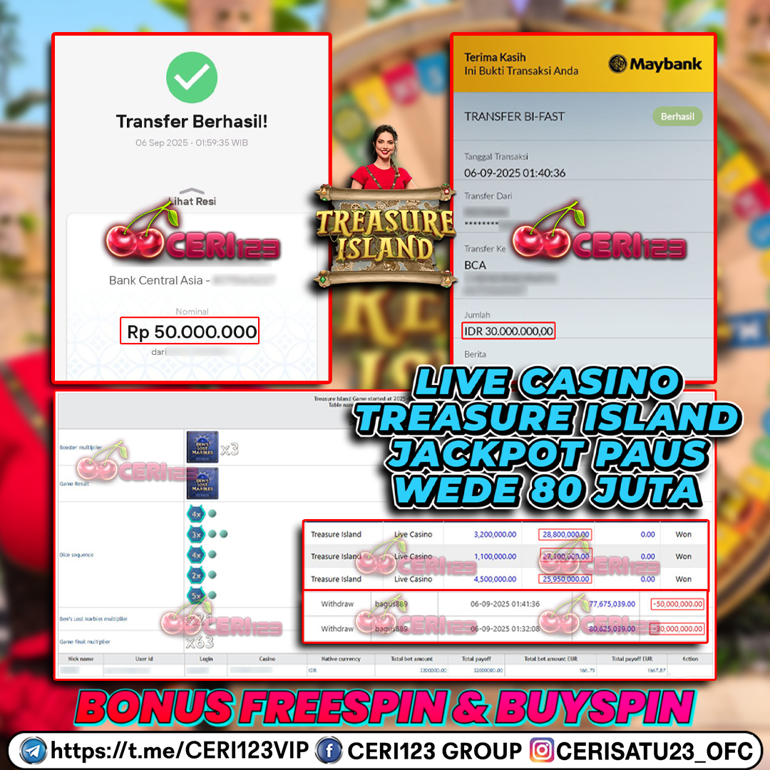 CERI123 JACKPOT SLOT LIVE CASINO TREASURE ISLAND RP 80.000.000 ID : GEK***