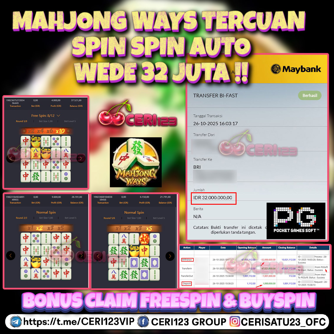 CERI123 JACKPOT SLOT MAHJONG WAYS RP 32.000.000 ID : BUL***