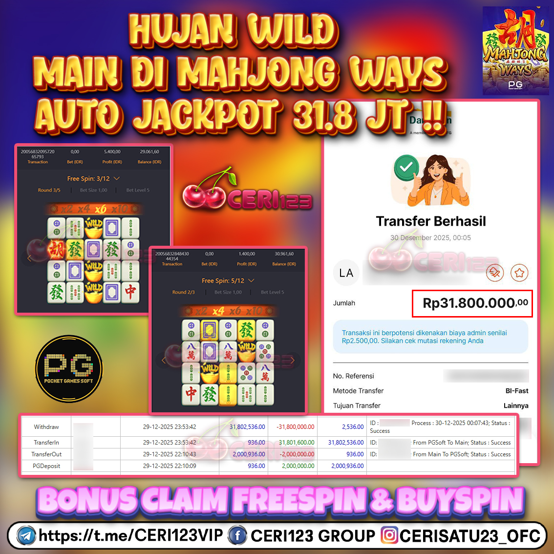 CERI123 JACKPOT SLOT MAHJONG WAYS RP 31.800.000 ID : GUR***