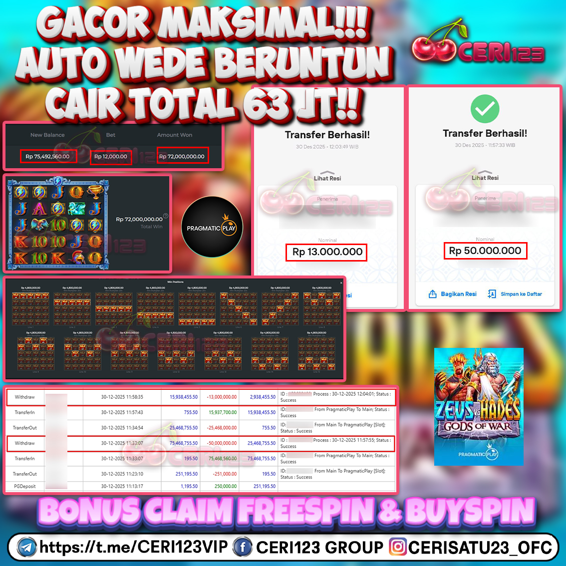 CERI123 JACKPOT SLOT ZEUS VS HADES GODS OF WAR RP 63.000.000 ID : LER***